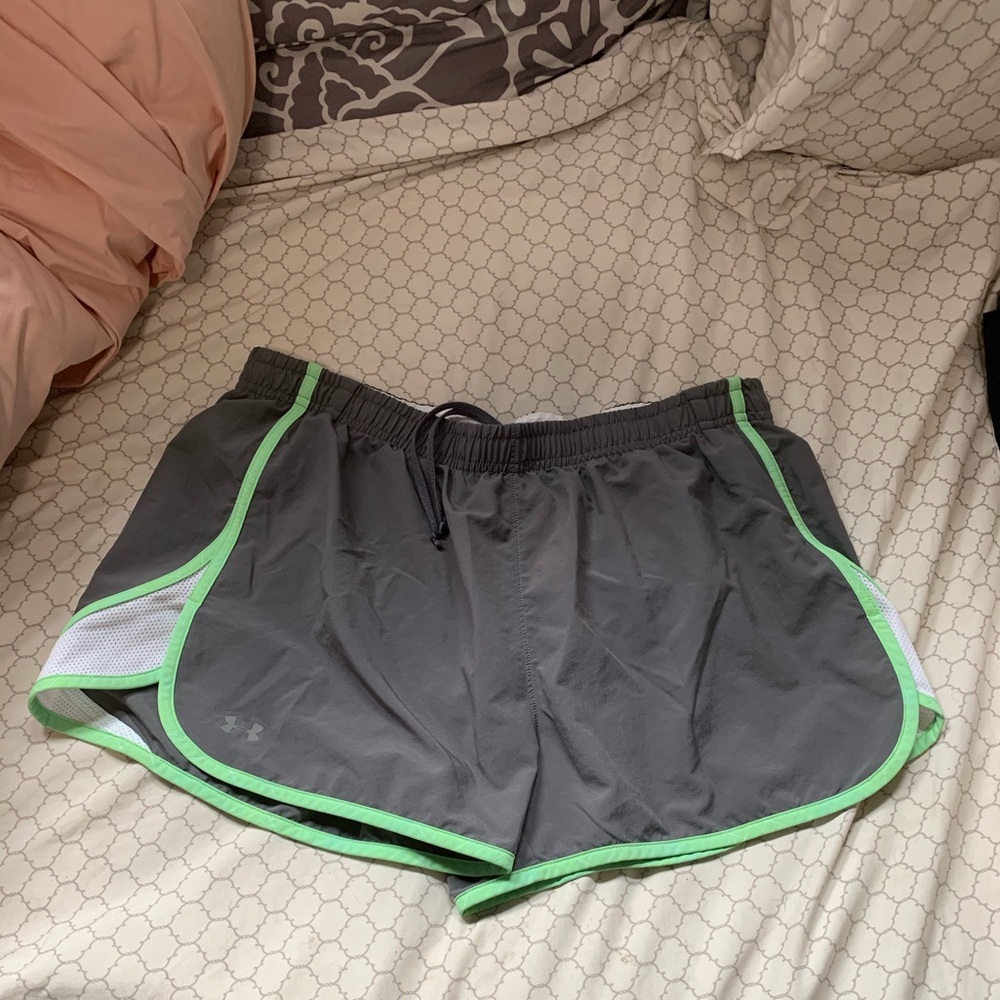 Gray and green running shorts